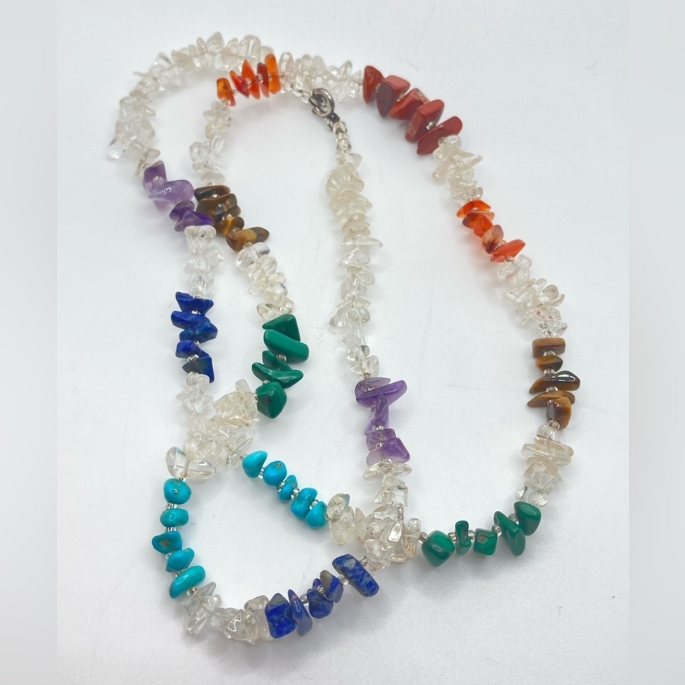 STERLING Turquoise Amethyst Lapis Malachite Agate Tigers Eye Necklace 27”